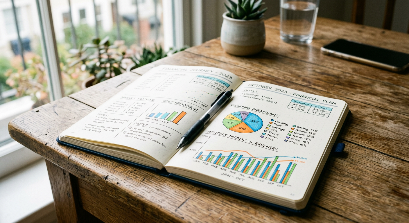 firefly financial planning notebook with charts and graphs, pen on wooden desk, bright natura 463458