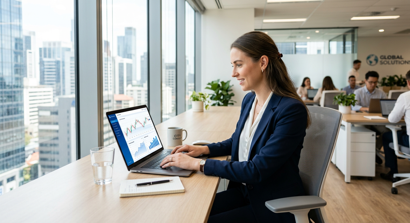firefly young professional working on laptop in bright modern office, financial charts on scr 463458